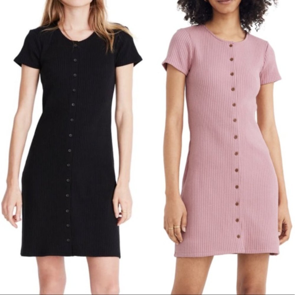 Madewell Black Button-Front Ribbed Mini Dress